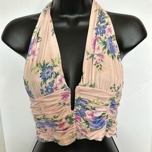 NWT Zara silky floral crop halter corset top light pink S